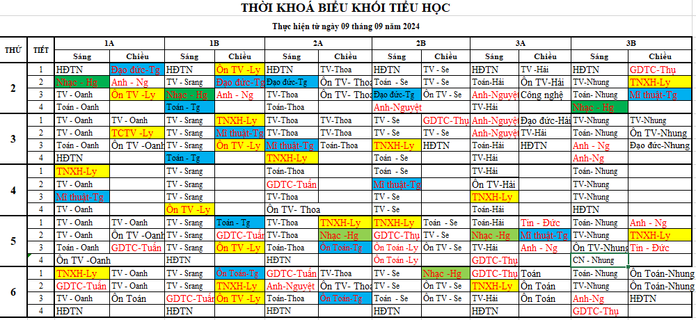 Thời khoá biểu tiểu học (áp dụng từ 09/9/2024)